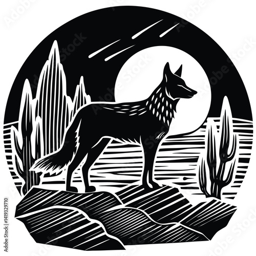 Coyote Howling at Moon in Desert Landscape Woodcut Illustration | Black and White Wildlife Art Print | Southwest Animal Silhouette Design