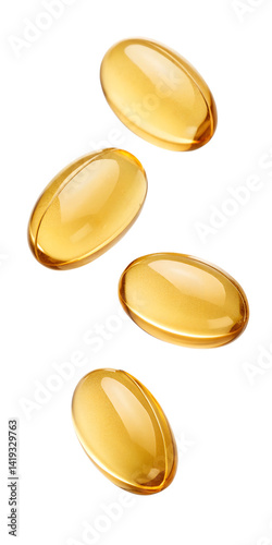 Golden gel capsules soaring isolated on transparent background