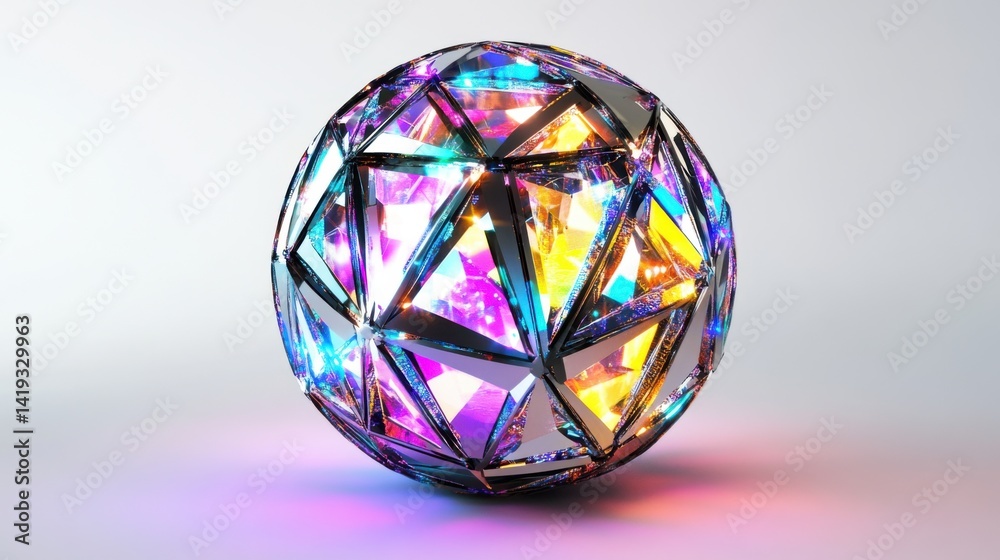 A mesmerizing iridescent sphere, geometric facets reflecting vibrant hues of light, a dazzling display of color and form, a digital art masterpiece. A mesmerizing iridescent sphere, geometric facets reflecting vibrant hues of light, a dazzling display of color and form, a digital art masterpiece.