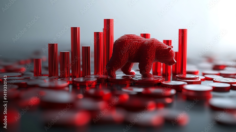 3D flat infographic of financial market decline, vertical red bars dropping from left to right, cracked coins at the bottom, bear icon walking across, white background.