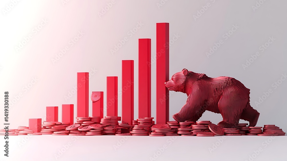3D flat infographic of financial market decline, vertical red bars dropping from left to right, cracked coins at the bottom, bear icon walking across, white background.