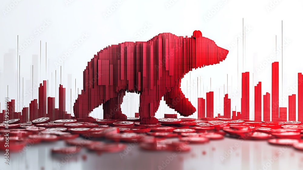 3D flat infographic of financial market decline, vertical red bars dropping from left to right, cracked coins at the bottom, bear icon walking across, white background.