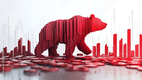 Obraz na płótnie 3D flat infographic of financial market decline, vertical red bars dropping from left to right, cracked coins at the bottom, bear icon walking across, white background. w salonie