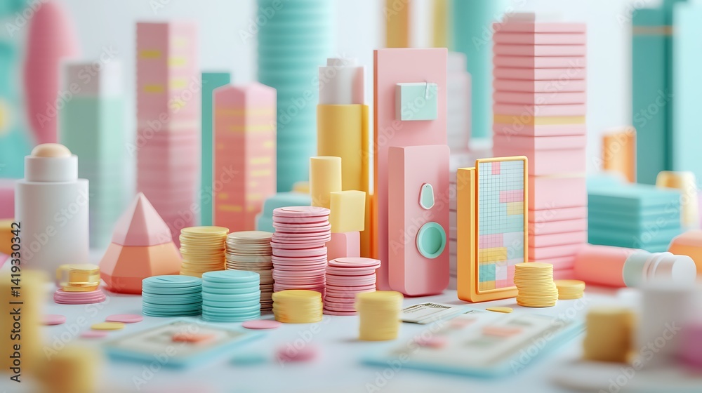 3D flat scene with revenue and expense comparison columns, cash bundles near revenue, piles of receipts and coins near expenses, minimalistic layout on white backdrop.