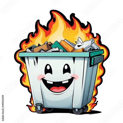 Cheerful trash can with flames and smiling face represents waste management awareness for recycling efforts