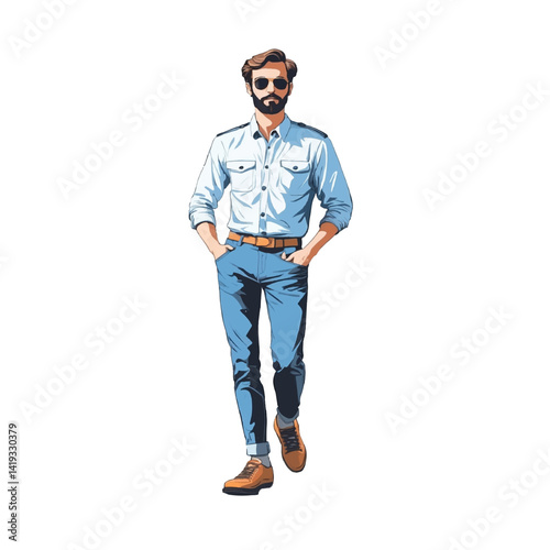 Trendy man walks confidently in casual attire with a stylish haircut and beard in summer urban setting