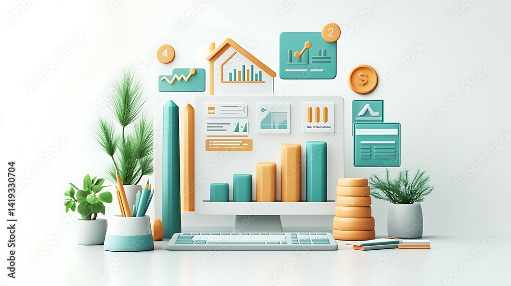 3D flat vector-style dashboard displaying investment categories in a segmented bar chart, icons for home, stocks, and fund documents above each section, clean white background.