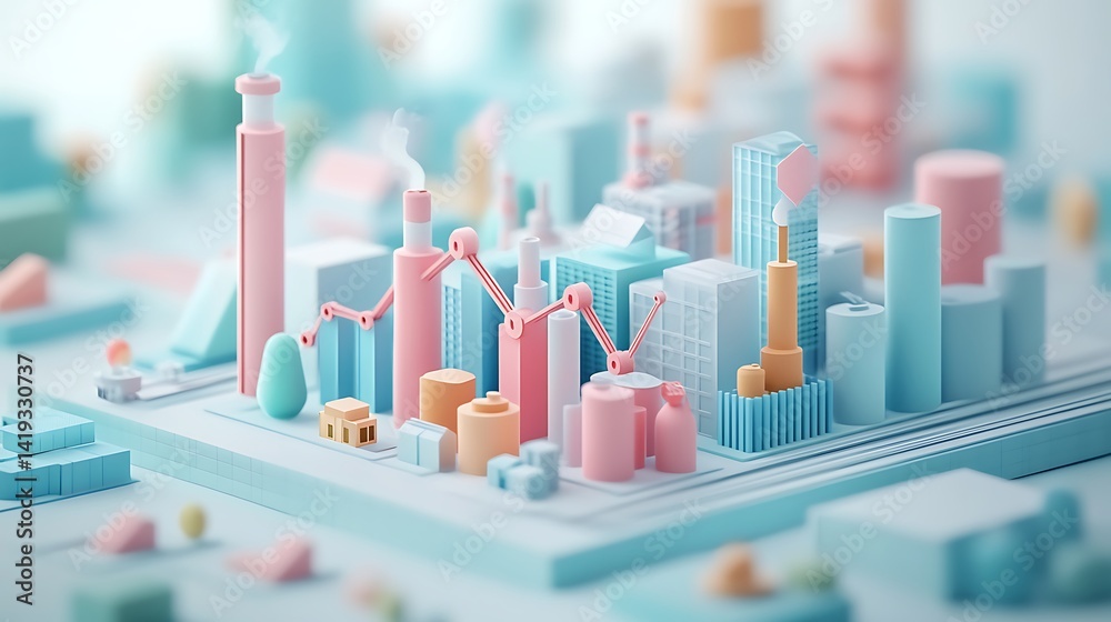 A 3D flat diagram of business break-even analysis, minimalistic cost line chart intersecting at break-even point, with tiny factory and money icons, clean white background.