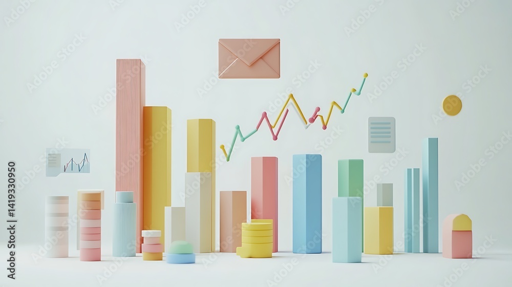A flat 3D scene of quarterly earnings, large vertical bar chart on the left, line graph on the right, envelope icon hovering above, minimal financial icons around, white background.
