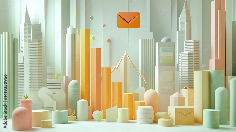 A flat 3D scene of quarterly earnings, large vertical bar chart on the left, line graph on the right, envelope icon hovering above, minimal financial icons around, white background.