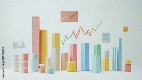 Obraz na płótnie A flat 3D scene of quarterly earnings, large vertical bar chart on the left, line graph on the right, envelope icon hovering above, minimal financial icons around, white background. w salonie