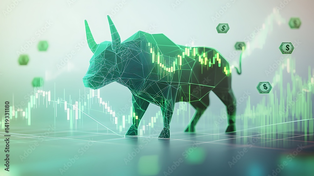 Bullish market visualization in flat 3D style, neon green arrow rising diagonally, strong bull silhouette, floating money icons, clean white background. Created Using: infographic design language,