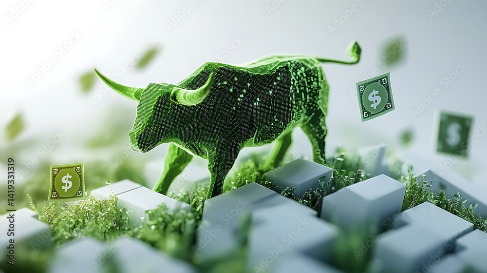 Bullish market visualization in flat 3D style, neon green arrow rising diagonally, strong bull silhouette, floating money icons, clean white background. Created Using: infographic design language,