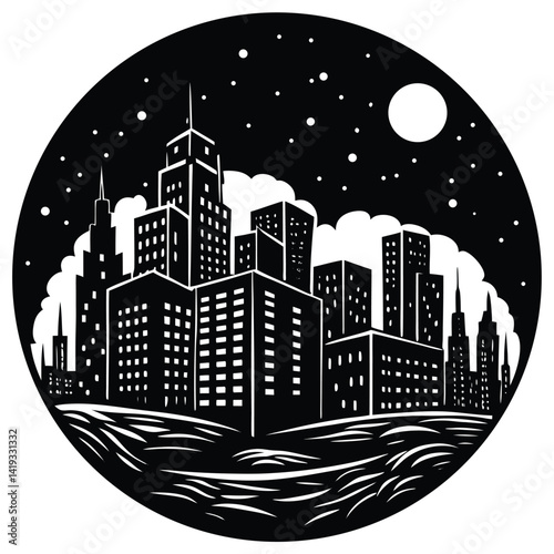 Black and White Cityscape Illustration: Nighttime Skyline with Moon, Stars, and Clouds - Vector Art, Urban Landscape Design