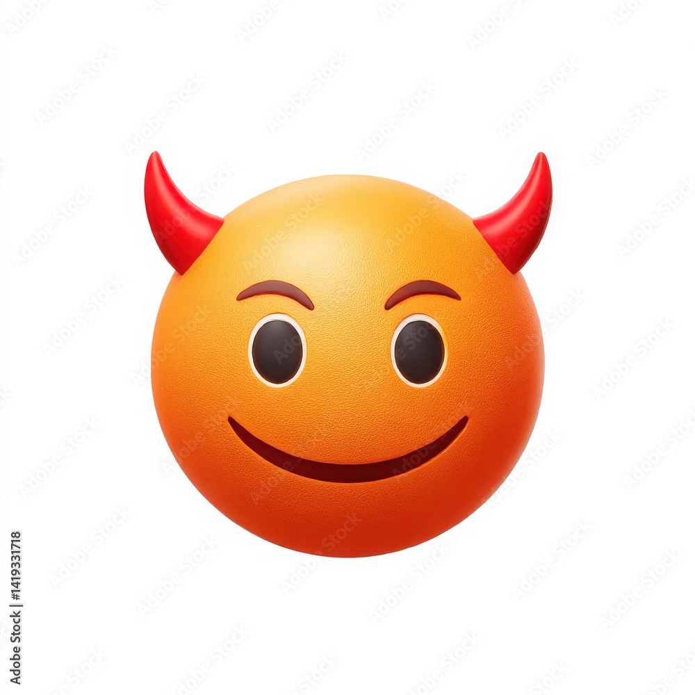 Fototapeta premium Isolated orange emoji with red devil horns and a smiling face on a white background