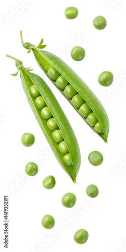 Green peas falling from a pod isolated on transparent background