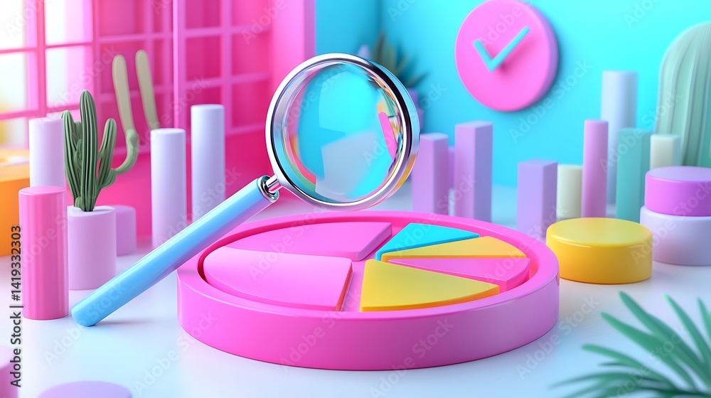 Clean financial analysis scene in 3D flat vector style, pie chart segments arranged on white surface, magnifying glass above with hovering checkmarks and percent values.
