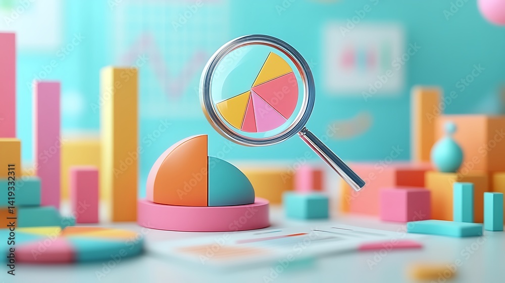 Clean financial analysis scene in 3D flat vector style, pie chart segments arranged on white surface, magnifying glass above with hovering checkmarks and percent values.