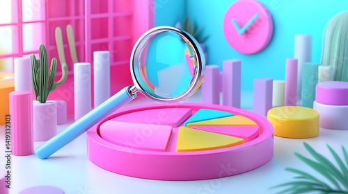 Obraz na płótnie Clean financial analysis scene in 3D flat vector style, pie chart segments arranged on white surface, magnifying glass above with hovering checkmarks and percent values. w salonie