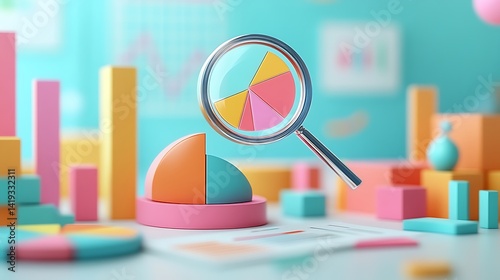 Obraz na płótnie Clean financial analysis scene in 3D flat vector style, pie chart segments arranged on white surface, magnifying glass above with hovering checkmarks and percent values. w salonie