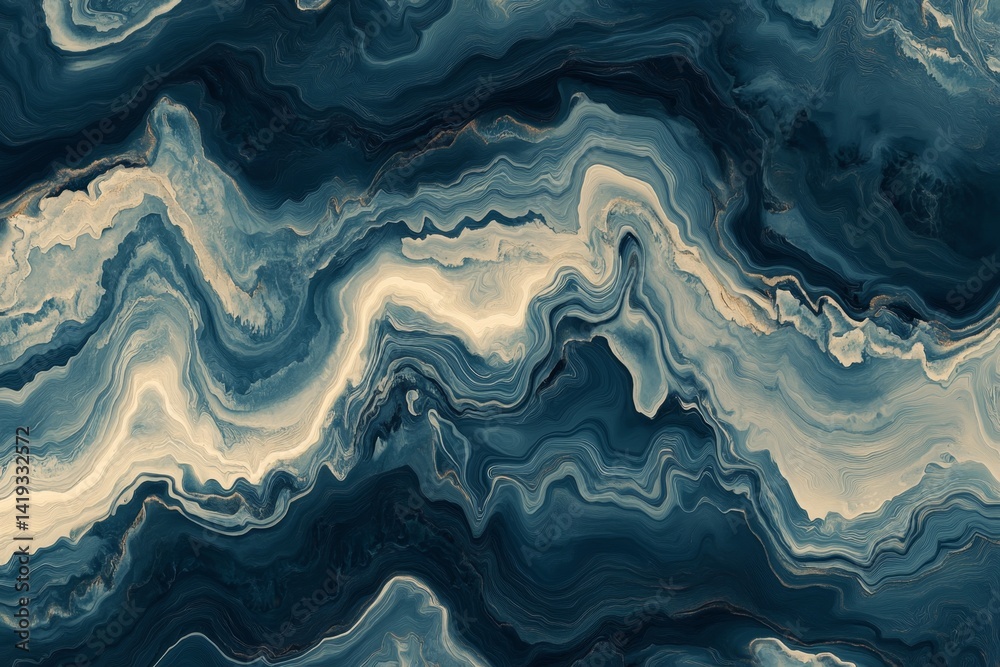 Fototapeta premium Abstract marbled pattern in deep blues, creams, and golds. Intricate flowing lines create a dynamic and mesmerizing design