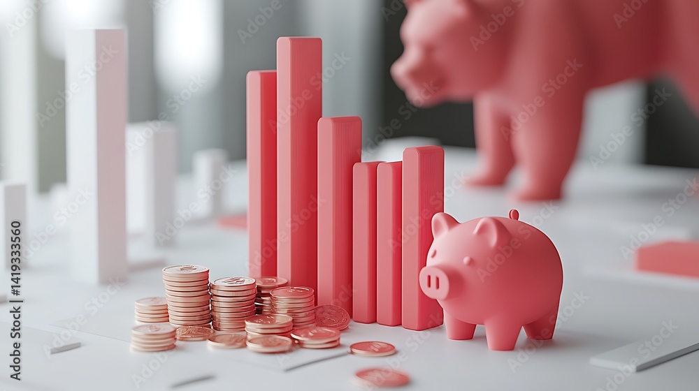 Flat 3D financial visualization showing stock loss, red bar chart tapering downward, broken piggy bank icon beside coins, bear icon looming in background, white minimalist setting.