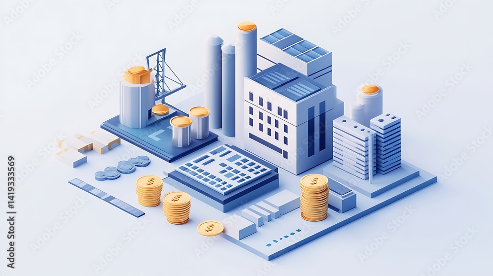 Flat 3D illustration of a break-even analysis graph, fixed and variable cost lines in soft tones, factory icon at origin, balance scale next to break-even point, coin stacks on side, white background.