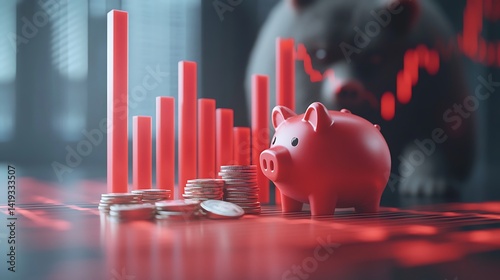 Obraz na płótnie Flat 3D financial visualization showing stock loss, red bar chart tapering downward, broken piggy bank icon beside coins, bear icon looming in background, white minimalist setting. w salonie