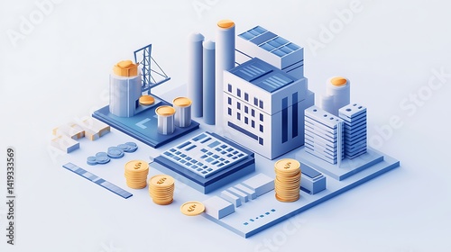 Obraz na płótnie Flat 3D illustration of a break-even analysis graph, fixed and variable cost lines in soft tones, factory icon at origin, balance scale next to break-even point, coin stacks on side, white background. w salonie