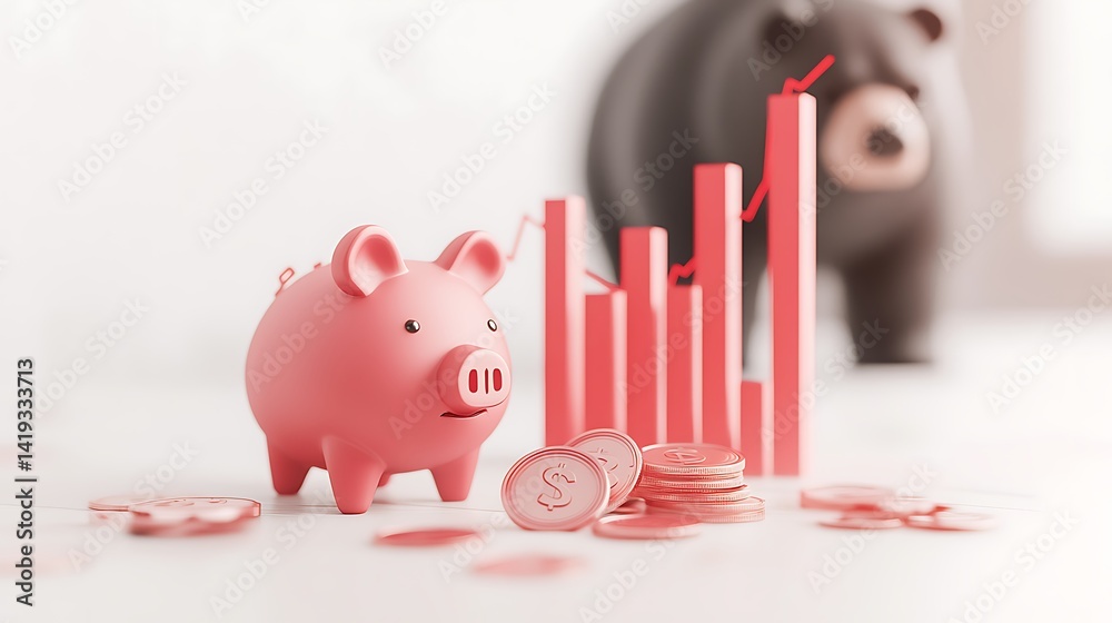 Flat 3D financial visualization showing stock loss, red bar chart tapering downward, broken piggy bank icon beside coins, bear icon looming in background, white minimalist setting.