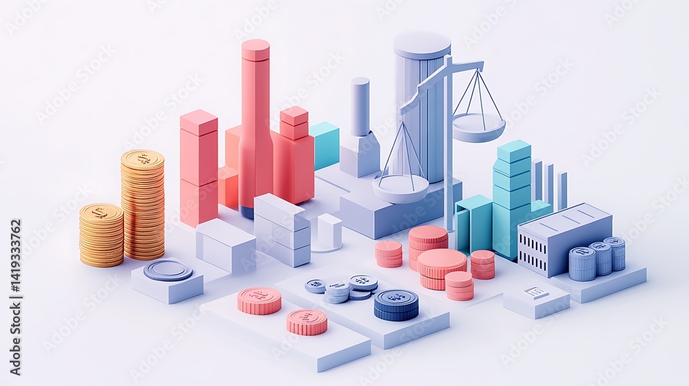Flat 3D illustration of a break-even analysis graph, fixed and variable cost lines in soft tones, factory icon at origin, balance scale next to break-even point, coin stacks on side, white background.