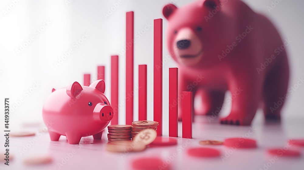 Flat 3D financial visualization showing stock loss, red bar chart tapering downward, broken piggy bank icon beside coins, bear icon looming in background, white minimalist setting.