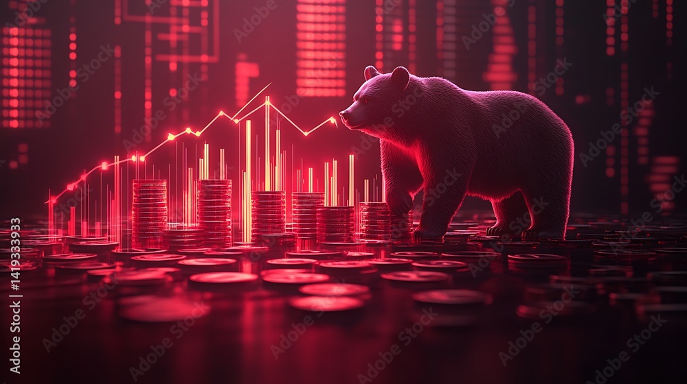 Flat 3D scene of a bearish market visualization, red downtrend bar chart with glowing arrows, bear silhouette near falling coin stacks, clean white background. Created Using: vector flat style,