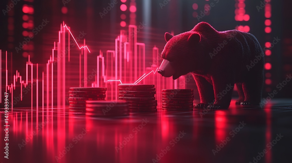Flat 3D scene of a bearish market visualization, red downtrend bar chart with glowing arrows, bear silhouette near falling coin stacks, clean white background. Created Using: vector flat style,