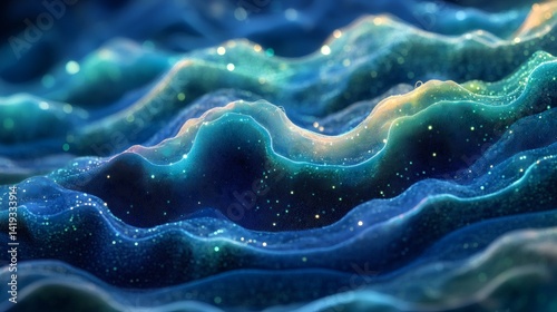 Vibrant blue and green layers with digital data motifs symbolizing artificial intelligence in finance background 