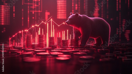 Obraz na płótnie Flat 3D scene of a bearish market visualization, red downtrend bar chart with glowing arrows, bear silhouette near falling coin stacks, clean white background. Created Using: vector flat style, w salonie