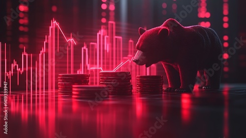 Obraz na płótnie Flat 3D scene of a bearish market visualization, red downtrend bar chart with glowing arrows, bear silhouette near falling coin stacks, clean white background. Created Using: vector flat style, w salonie