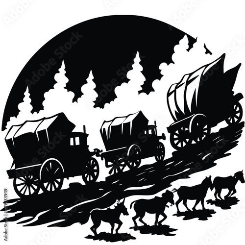 Covered Wagon Train Silhouette: Pioneer Westward Expansion Vector Graphic, Vintage Western Illustration, Horses & Wagons Art