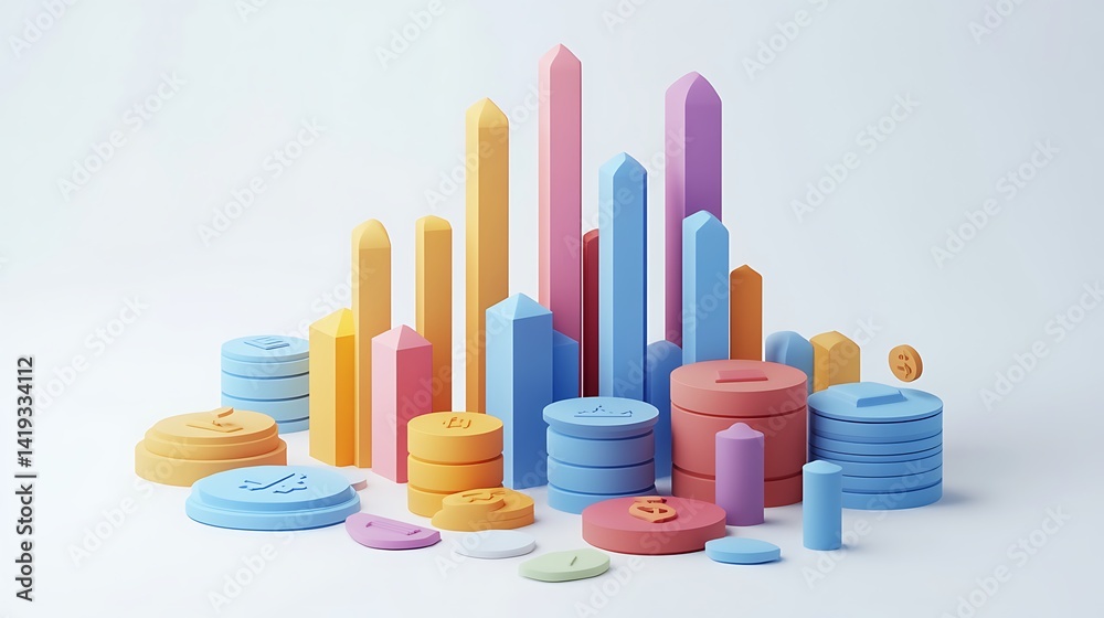 Flat 3D scene showing financial portfolio breakdown with stacked bars, colored segments for stocks, real estate, mutual funds, each labeled with matching icons, minimal white background.
