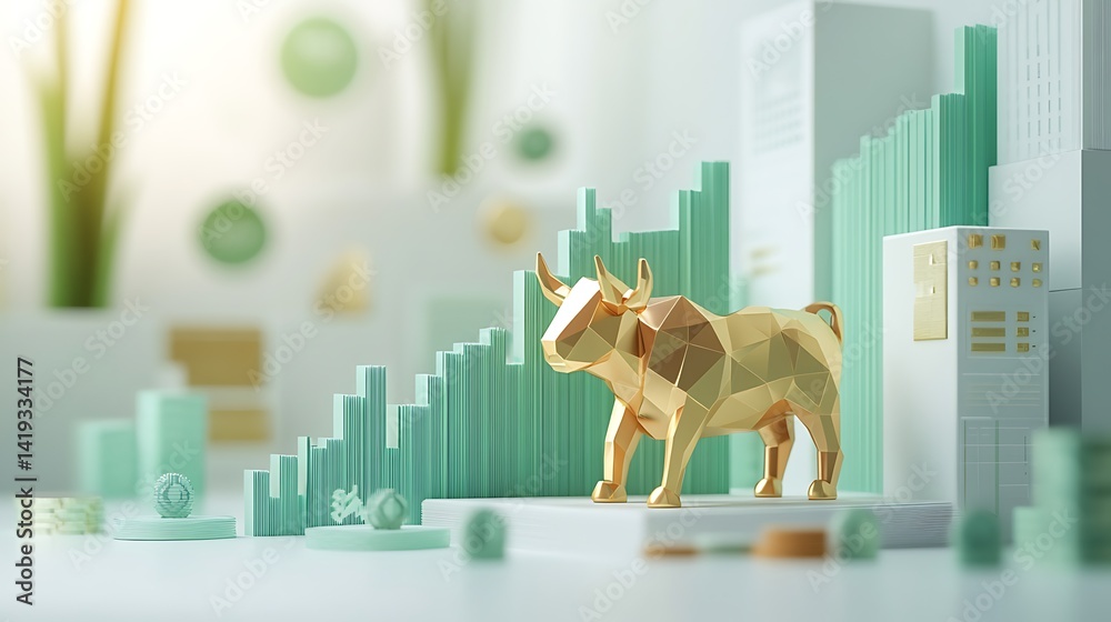 Flat 3D stock market growth illustration, steep green line chart, gold bull figure in foreground, financial growth icons floating in white clean background. Created Using: pastel color scheme,
