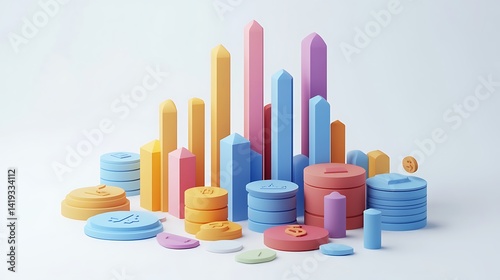 Obraz na płótnie Flat 3D scene showing financial portfolio breakdown with stacked bars, colored segments for stocks, real estate, mutual funds, each labeled with matching icons, minimal white background. w salonie