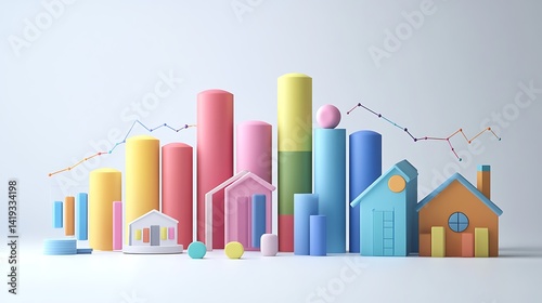 Flat 3D visualization of diversified investment portfolio, multi-colored stacked bar with home, stock chart, and document icons for each category, spaced layout on white background.