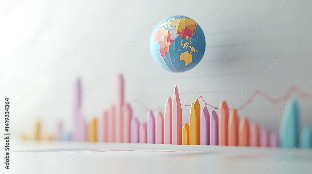 Flat 3D world financial report dashboard, overlapping line graphs labeled with small country flags, globe icon floating above, soft shadows, minimal white background.