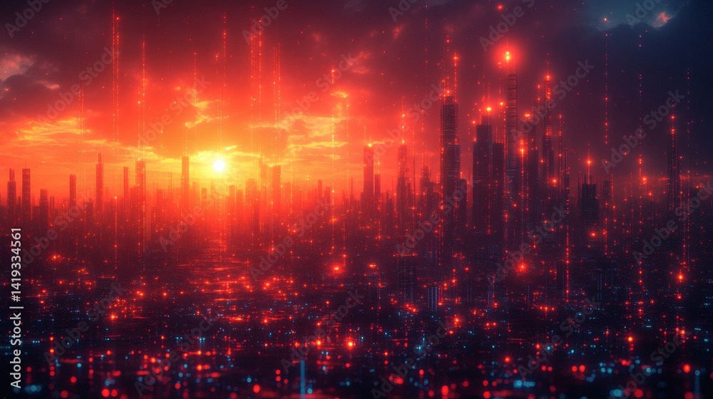 Fototapeta premium AI-generated abstract lines forming a digital cityscape with financial and technological patterns background 