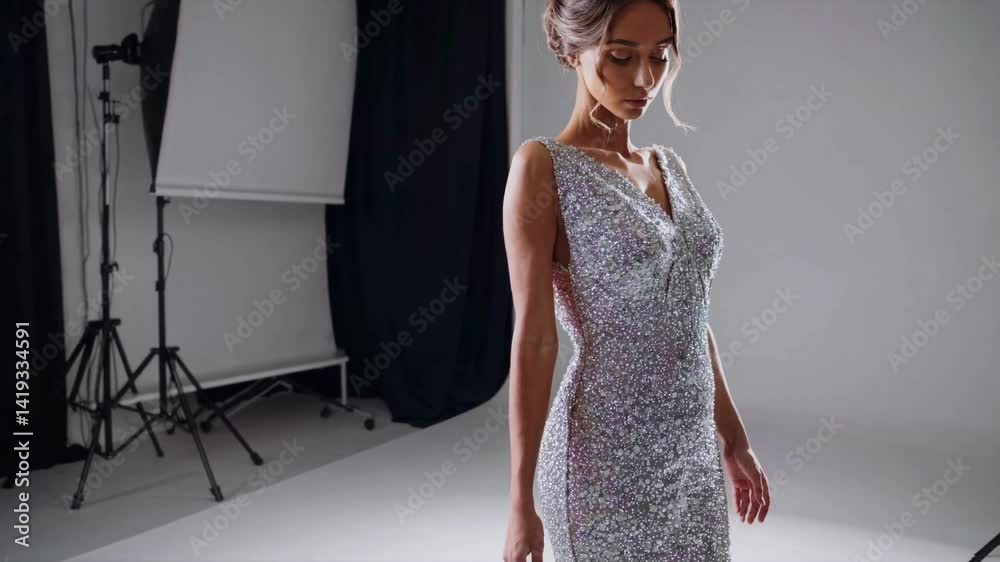 Elegant woman modeling in a sparkling silver dress in a studio setting  