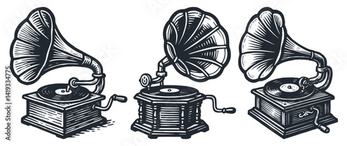Woodcut style vector illustration set featuring three vintage gramophones in different angles and designs, with detailed horn speakers and mechanical elements.