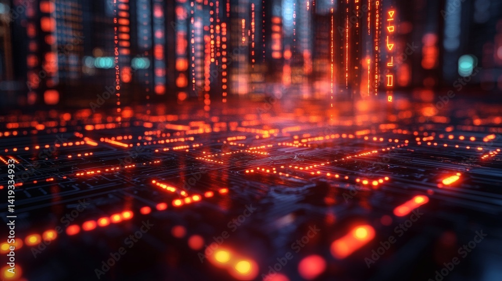 Fototapeta premium High-tech circuit board overlay with floating data symbols in a digital financial concept background 