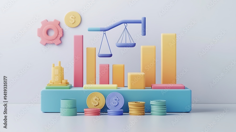 Minimal 3D flat chart of break-even analysis, factory icon on the left, graph with three color-coded cost lines, coins and balance scale icons at bottom, clean white background.