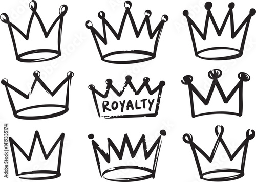 A set of nine hand-drawn crown icons in a bold, black outline style.