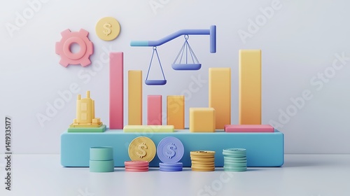 Obraz na płótnie Minimal 3D flat chart of break-even analysis, factory icon on the left, graph with three color-coded cost lines, coins and balance scale icons at bottom, clean white background. w salonie